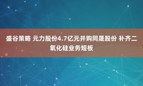 盛谷策略 元力股份4.7亿元并购同晟股份 补齐二氧化硅业务短板